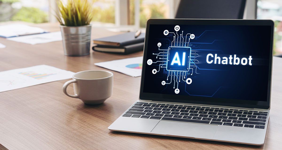 Open laptop displaying an AI chatbot graphic on a wooden meeting table beside a coffee cup and printed charts